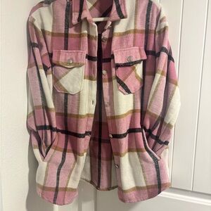 Pink and White Plaid Button-Up Shirt